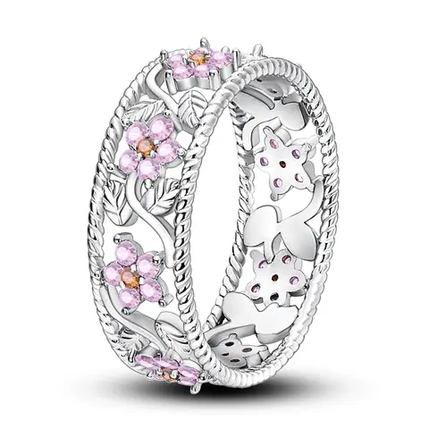 MULA Silver-Plated Begonia Flower Ring - Pink Zircon Embellished Elegant Fashion Piece, Silver-Toned Charm Stacking Flower Cluster Jewelry, Light Luxury Everyday Accessory Gift for Women, Elegant Fashion Rings, Zircon Embellished Rings