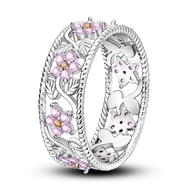 MULA Silver-Plated Begonia Flower Ring - Pink Zircon Embellished Elegant Fashion Piece, Silver-Toned Charm Stacking Flower Cluster Jewelry, Light Luxury Everyday Accessory Gift for Women, Elegant Fashion Rings, Zircon Embellished Rings