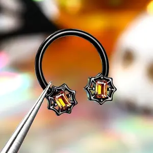 OUFER 16G CZ Accented Spider Web Horseshoe Septum Ring - Halloween Orange Rhinestone Septum Piercing Jewelry, Unisex Spooky Daith Costume Accessory