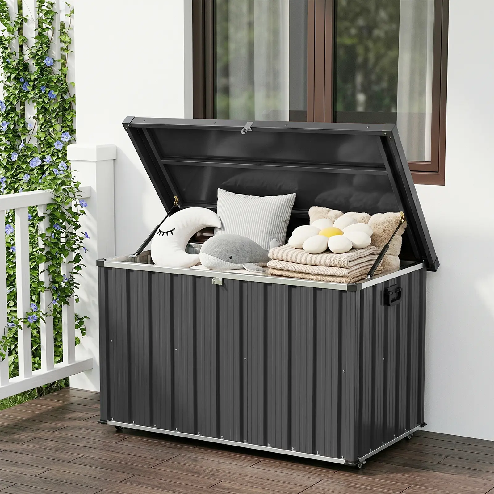Garvee Heavy Duty Metal Deck Storage Box with Lockable Lid – Waterproof Outdoor Chest with Wheels – Extra Seating & Secure Patio Storage Container for Deck, Porch, or Poolside, 120 Gallons