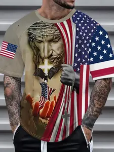 2026 Men's Christian American Flag T-Shirt, 3D Print Jesus Cross and Eagle, Cultural, Long Sleeve, Casual Ethnic Pattern, Gift for Pastor Boyfriend