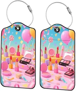 2 Pack Make Up Leather Luggage Tags for Suitcases Travel Bag Tags with Privacy Cover ID Label Stainless Steel Loop for Women Men Girls Backpack Gift Pink Blue