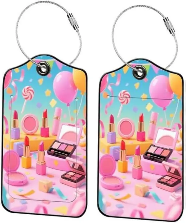 2 Pack Make Up Leather Luggage Tags for Suitcases Travel Bag Tags with Privacy Cover ID Label Stainless Steel Loop for Women Men Girls Backpack Gift Pink Blue
