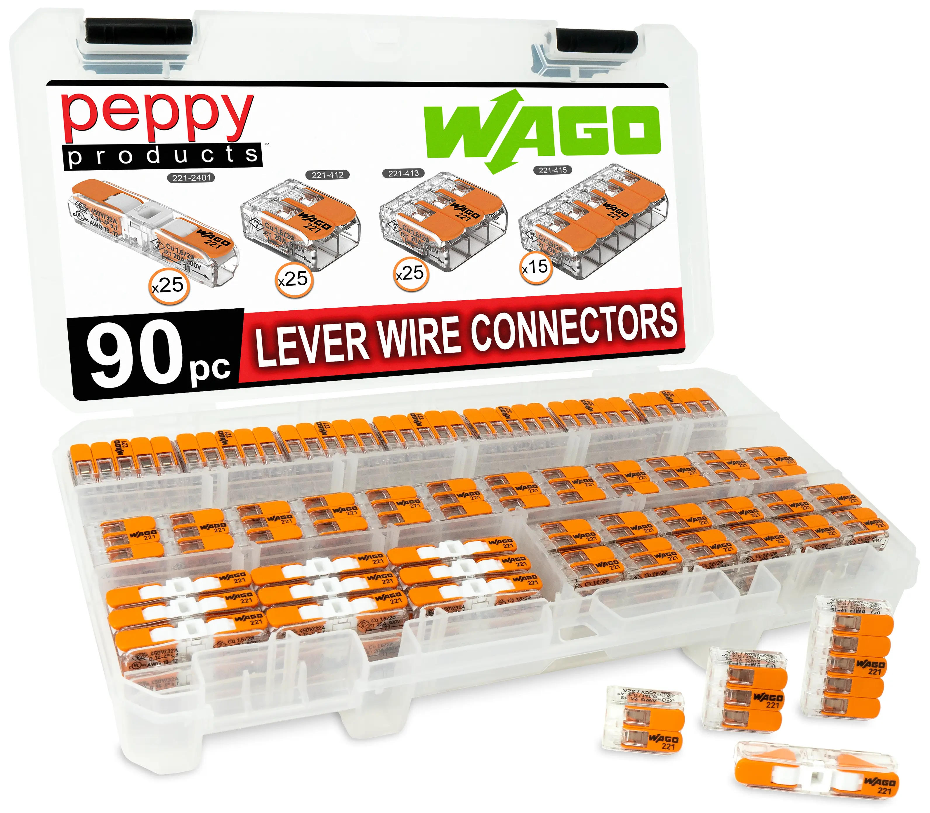WAGO 221 LEVER-NUTS 90pc Compact Splicing Wire Connector Assortment with Case