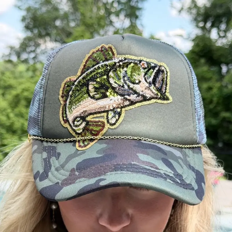 Bass Fishing Sparkly Camo Trucker Hat, Fitted, Casual, Mesh Back, Stylish Look