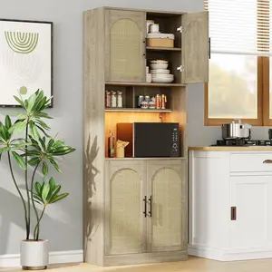 71Inch Pantry Cabinet  Freestanding Kitchen Cabinet with Microwave Shelf Tall Kitchen Hutch with Led Lights  for Dining Room  Living Room Oak