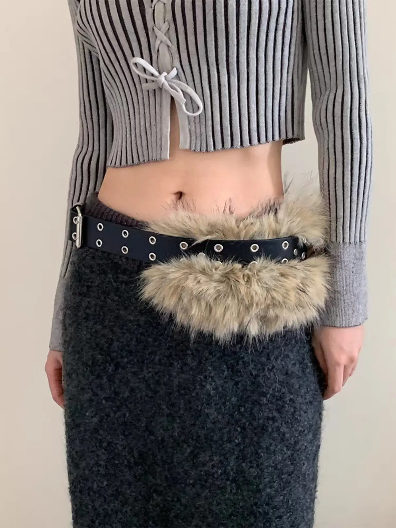 New American Style Punk Y2K Faux Fur Belt, Alt Belt, Trendy Streetwear Accessory, Perfect for All Seasons, Unique Women's Fashion Design Belt, PU Leather Belts