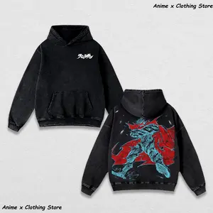Tengen Toppa Gurren Lagann “Spiral Overdrive Protocol” Oversized Hoodie – Acid Washed Lightweight Cotton, Crimson Skull Crest Front & Kamina Requiem Back Graphic, Retro Mecha Streetwear for Lorecore Fans & Dai-Gurren Believers