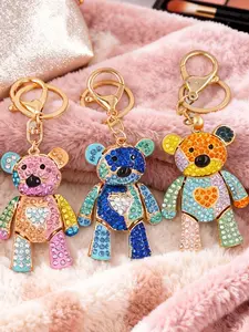 Cute Bear Keychain with Artificial Diamond Embellishment, Handmade DIY Car Key Pendant, Fashionable Bag Accessory Gift for Men and Women