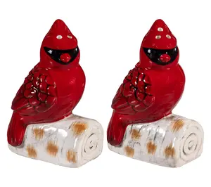 Evergreen 2-Set Ceramic Cardinal on Log Salt &Pepper Shakers