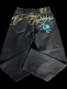 Women's Dark Wash Low Rise Wide Leg Jeans Rhinestone Statue Of Liberty Graphic Print Y2K Hip Hop Streetwear Baggy Denim Pants