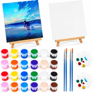 2 Pack 8 * 10In Canvas Boards for Painting, Art Canvas for Drawing with 4 Brushes & 2Paint Trays & 4 Acrylic Paint, Mini Painting Canvas with Easel Set, Painting Kits for Adults Party