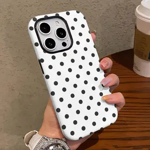 Minimalist Black Polka Dot Phone Case Compatible with iPhone 16 Pro Max, 15 Plus, 13, 11, 12, XS, 8 Plus & 7 - Glossy 2-in-1 Design