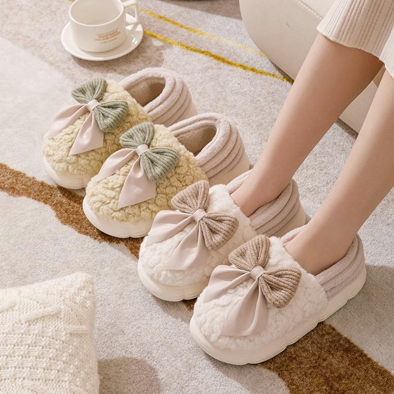 Women's Winter New Bow Plush Slippers Thick Sole Cozy Indoor Home Slippers for Fall & Winter