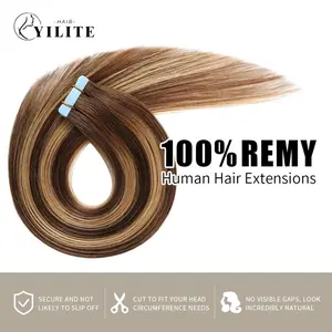 YILITEHAIR #P4/27/T4 Chocolate Brown with Caramel Blonde Tape In Hair Extensions Remy Human Hair Long Straight 24Pcs