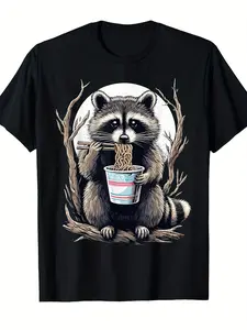 Funny Raccoon Eating Instant Noodles Graphic T-Shirt - Retro Vintage Style Unisex Casual Short Sleeve Tee with Cute Raccoon & Ramen Bowl Design, Comfortable Round Neck for Men & Women, Casual Attire, Funny Gift for Anime Fans & Animal Lovers ()