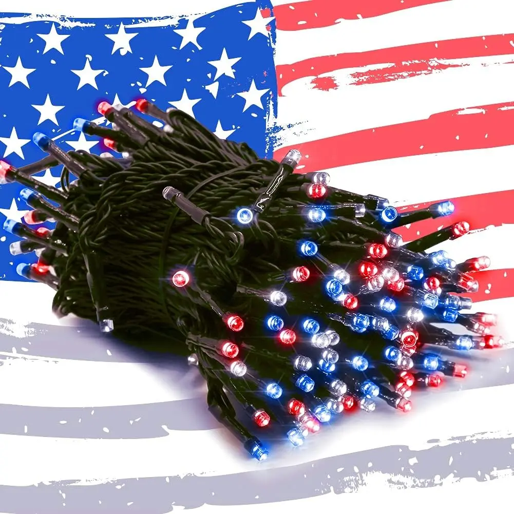 200 LED 66FT Fairy String Lights, July 4th Patriotic Light with 8 Lighting Modes, Mini Lights Plug in for Indoor Outdoor Independence Day Tree Holiday Party Decor, Red Blue & White