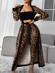 Women's Fashion Leopard Print Knit Elastic Casual Long Sleeve Coat Crop Top Long Pants Three Piece Set, Stylish and Comfortable