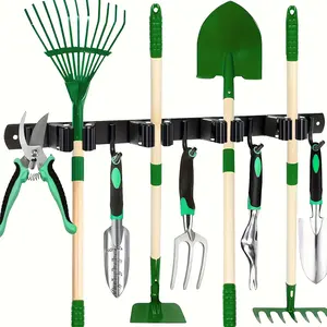 Metal Tool Organizer Rack with 4 Slots and 5 Hooks, Multi-Functional Yard Tool Rack Wall Mount Storage for Brooms Mops Garden Tools Garage Equipment, Tool Storage Organiser