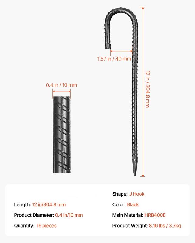 12-Inch 16 Pack Rebar Stakes Heavy Duty J Hook Galvanized Steel Ground Anchors