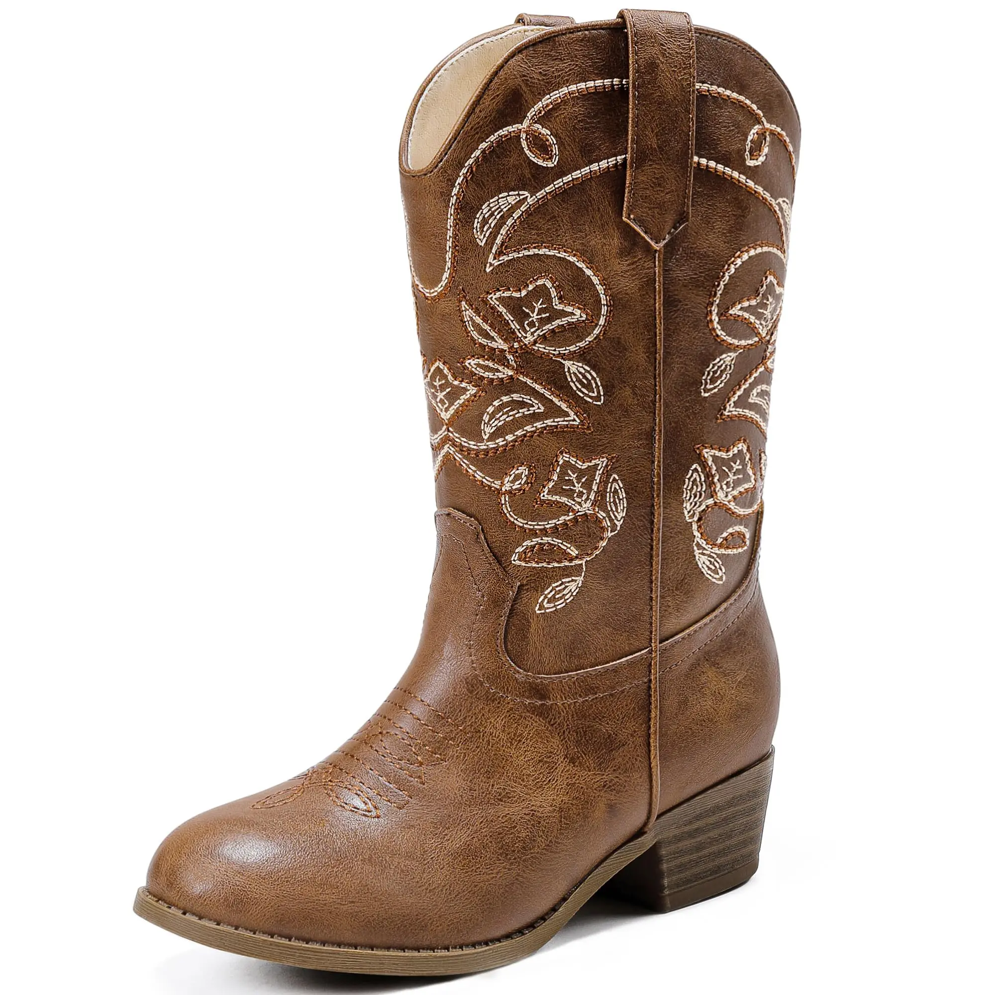 Girls' Western Style Mid-Calf Cowgirl Boots - Pointed Toe, Embroidered, Slip-On for Toddler Kids, Horseback Riding, Country Party