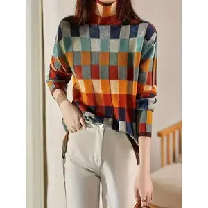 Cozy & Chic Women's High-Neck Checkerboard Sweater - Elegant Colorful Plaid Pattern, Soft Polyester Knit, Perfect for Fall & Winter, Machine Washable
