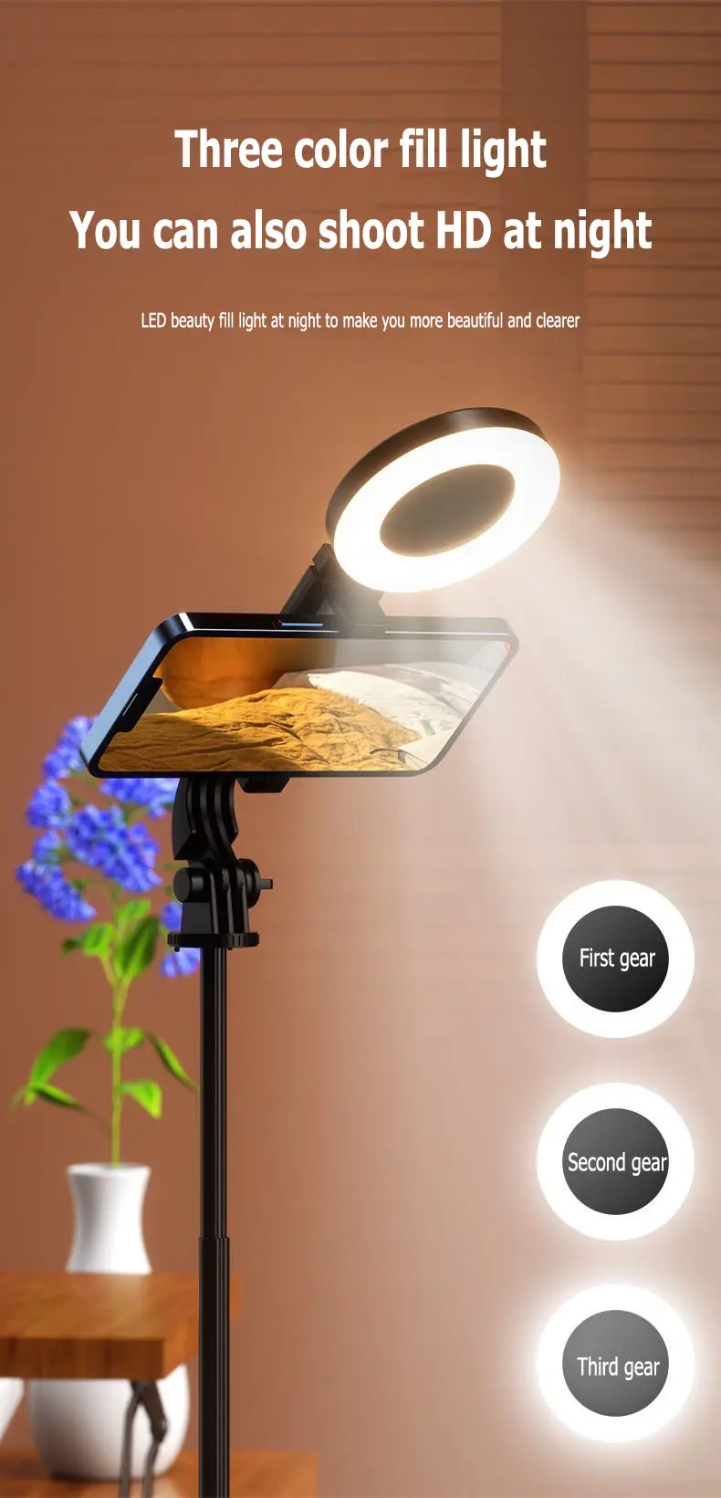 Product Introduction of New 6 in 1 Selfie Stick With Fill Light, 67" Phone Tripod & Wireless Remote Page Turner,Bluetooth Camera Video Recording Remote,Music Control, for iPhone ,iPad ,iOS,Android 2