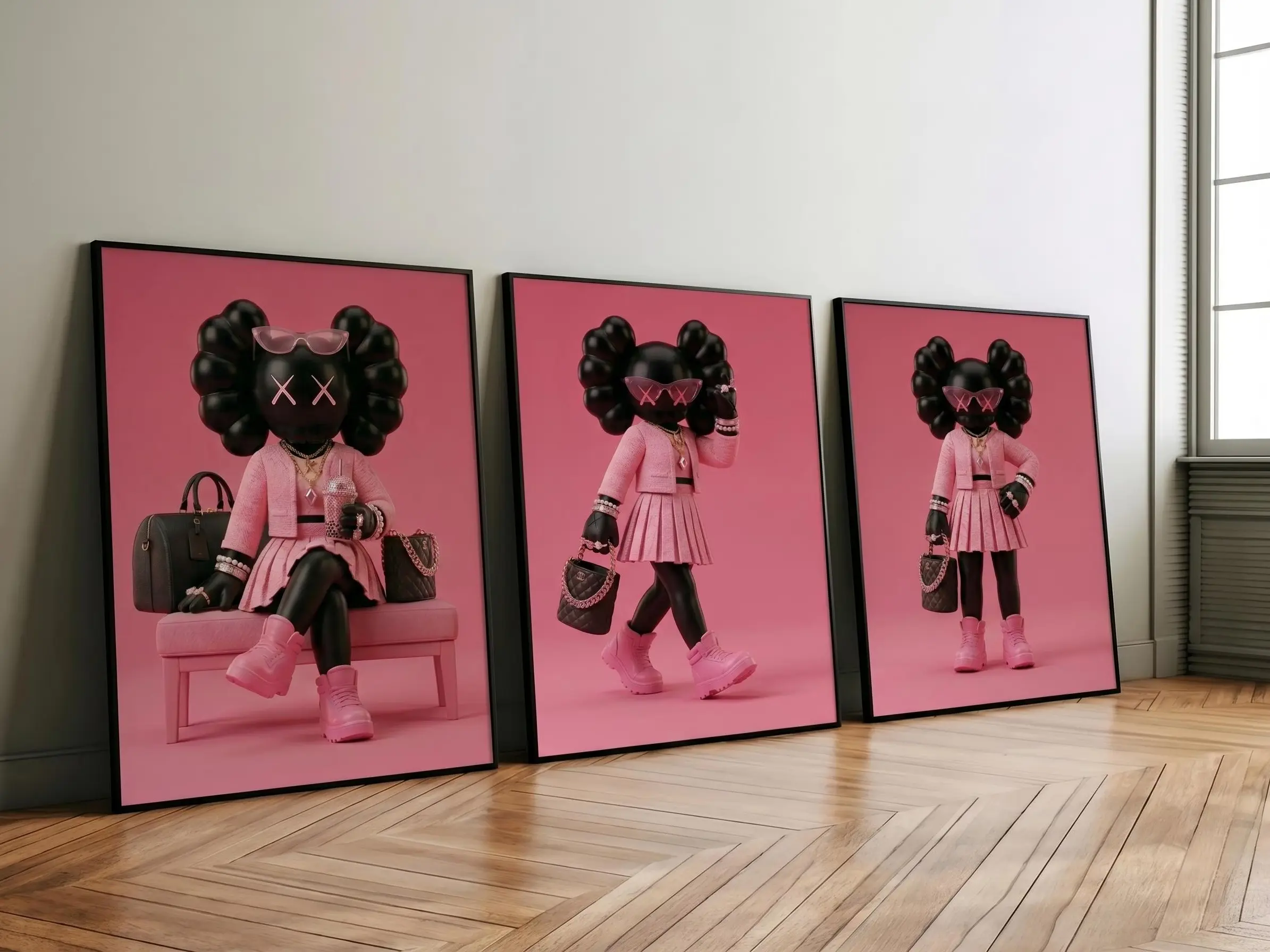Pink Black Kaws Hypebeast Wall Art set of 3,Graffiti Art Prints,Trendy Living Room Poster,Dopamine Decor,Retro Wall Art