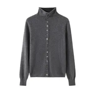 Women's Elephant Gray Cashmere Sweater Mock Neck Knitwear Long Sleeve Versatile Autumn Winter Cardigan Pullover Basic 100% Cashmere Sweater for Casual Wear