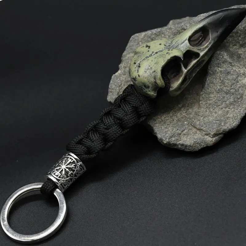 Odin Raven Skull Viking Eagle Head Pendant Keychain with Paracord, Norse Pirate Key Ring