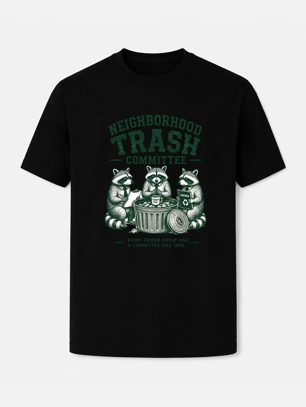 Neighborhood Trash Committee Graphic Tee, Funny Raccoon T Shirt, Retro Animal Humor Print, Friendship Group Joke, Unisex Casual Short Sleeve Crew Neck Tee, Black or White