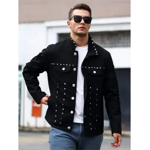 Streetwear men's denim jacket fashion trend brand high street heavyweight rivet designer style black perforated men's denim jacket casual fashion men's clothing