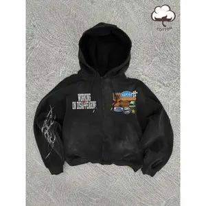 Men's Graphic & Letter Print Washed Distressed Zip Up Hoodie, Casual Regular Fit Long Sleeve Hooded Sweatshirt for Fall & Winter Fashion Men's Clothes for Daily Wear, Tops