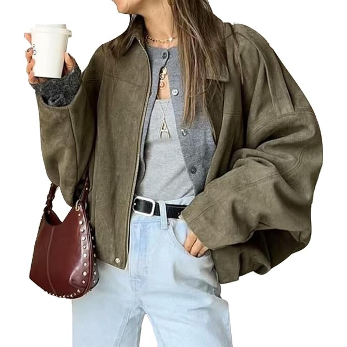 SCUSTY Women's Faux Suede Bomber Jacket Oversized Streetwear Y2K Lapel Long Sleeves Motorcycle Coat