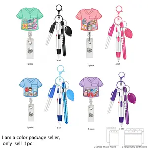 Colorful medical workwear shirt badge reel set featuring a 360° rotating clip ID card holder and a cute acrylic nurse badge reel; suitable for nurses, pediatricians, nursing students, and hospital staff; includes a ballpoint pen, marker, ELD indicator lig