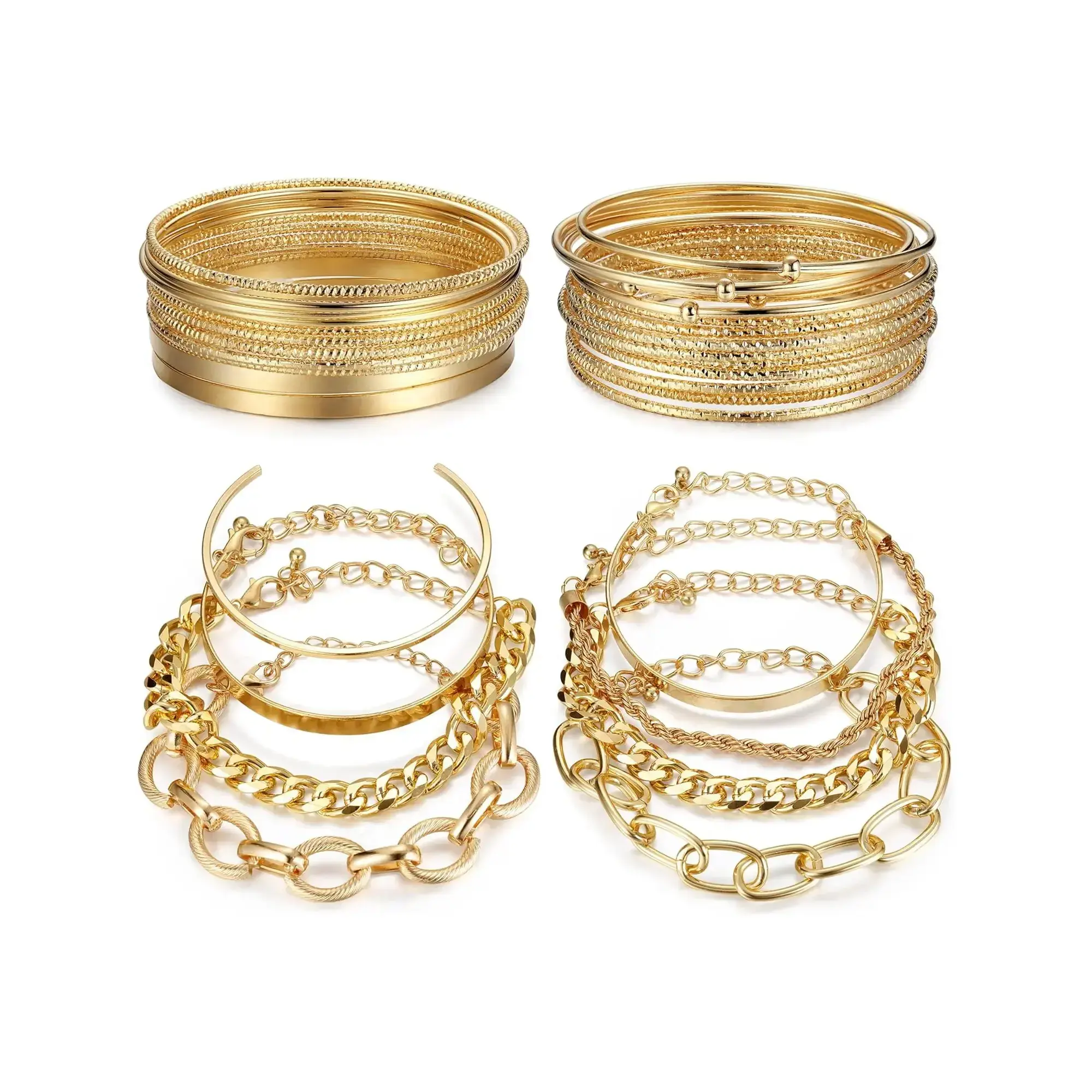 33Pcs Gold Stackable Bangle Bracelets Set For Women Boho Indian Dainty Multiple Layered Stackable Open Cuff Wrap Bangles Adjustable Trendy Paperclip Link Italian Cuban Chain Jewelry Gift For Women