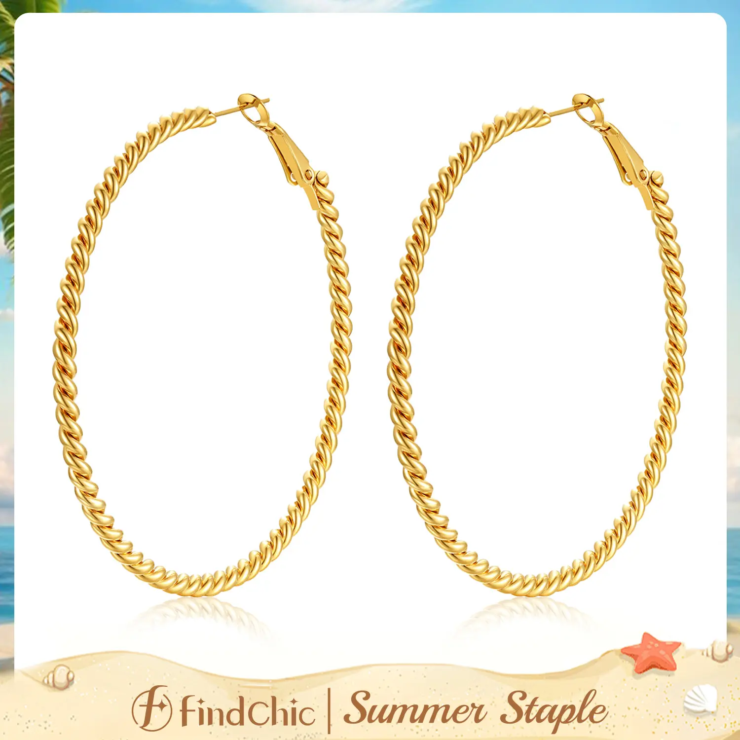 FindChic 14K Gold Plated Twisted Rope Thin Lightweight Hoops Earrings for Women Hypoallergenic Skin-friendly Black Silver Gold Plated Stainless Steel Daily Casual 40/60/80/100MM Big Large Oversized Statement Hoops Earrings Jewelry Gift for Women Girls