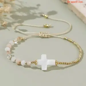 Women's Vintage Bohemian Cross Braided Bracelet Adjustable Golden‑Tone White Beaded Handmade Trendy Jewelry Accessories