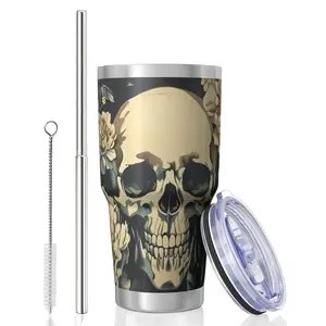 Skull 30 Oz Lce King Cup, Stainless Steel Top Bottom KeepsHot Cold Odor Free Slide Open Lid Flip Lid Suitable ForHome Office Outdoors Sports, Can Be Consumed DirectlyOr Used with a Straw, Skull Design I Stainless Steel Mug ,F_00036