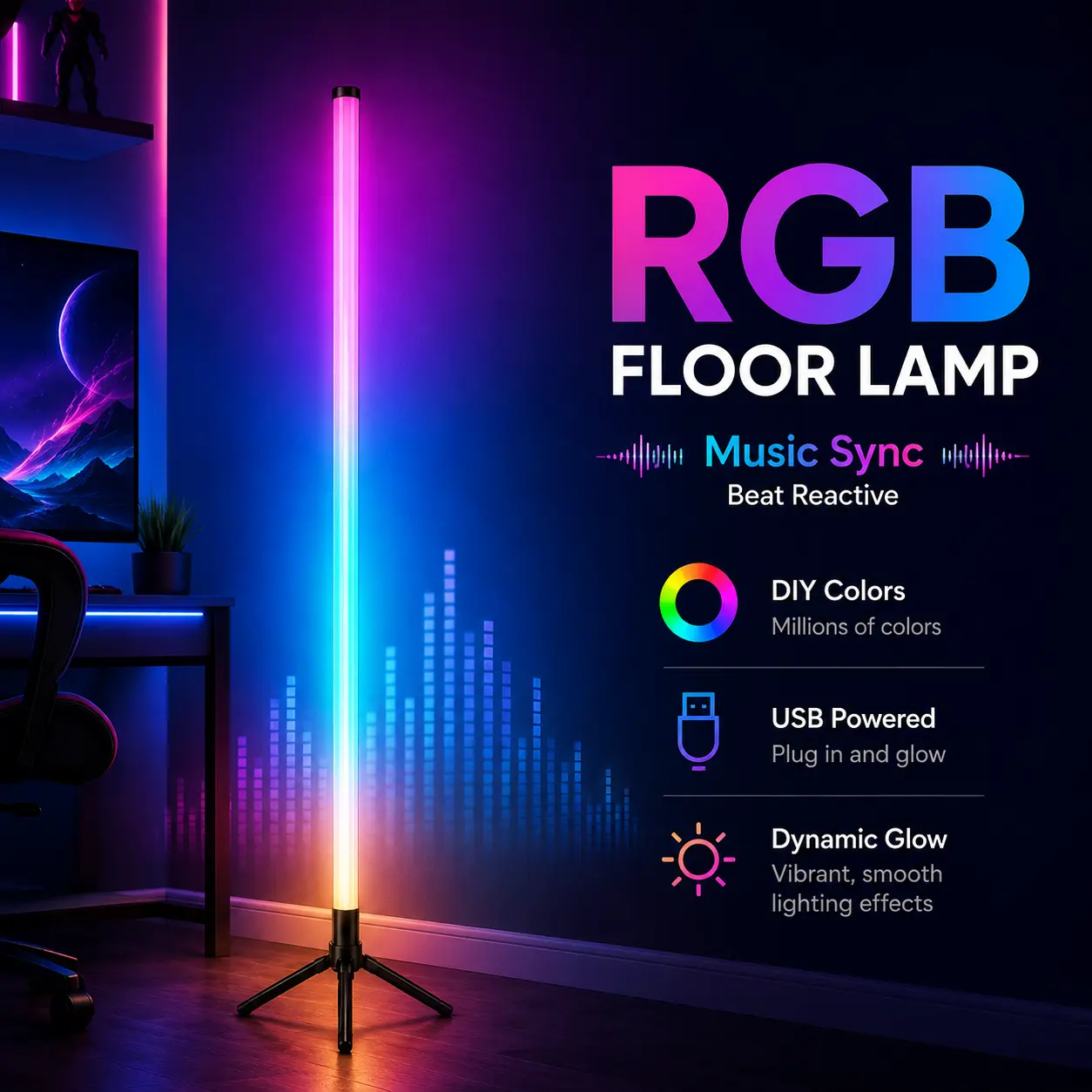 RGBIC Room Atmosphere Floor Lamp, Slim Triangle Corner Light with Multicolor Effects, Mobile App, Remote, Dimming and Timer for Bedroom, Lounge & Entertainment Space