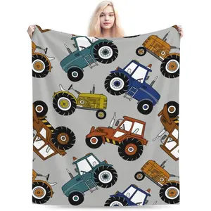 Flannel Blanket with Car Tractor Cartoon Pattern - Soft, Warm Car Print & Character Art Blanket for Bedroom, Couch Decor, Car Print Blankets, Character Art Blankets