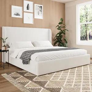 Queen/King Bed Frame with Wingback Headboard, Boucle Upholstered Platform Bed Frame Queen Size with Solid Wood Support, No Box Spring Needed, Easy Assembly,White