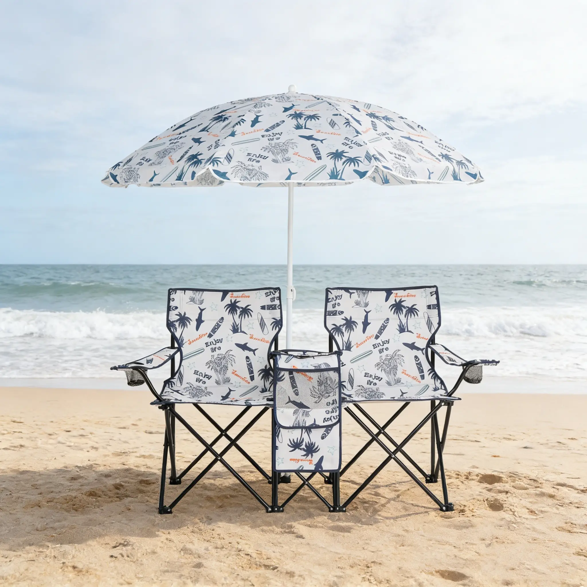 2-Seat Portable Folding Chair with Removable Umbrella, UV Protection Oxford Steel Outdoor Chair for Fishing, Sunbathing, Beach Activities, Lightweight Foldable Chair with Carry Bag for Patio Garden Camping