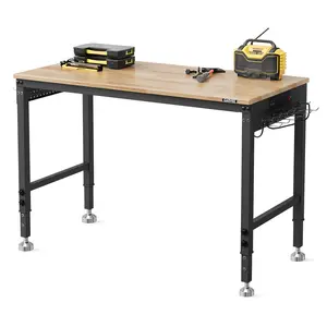 Solid Rubberwood Top Adjustable Workbench – 48x24 Inch, 6‑Level Height, 2000 lb Capacity, ETL Power Outlets, 4 Leveling Feet, Pegboard & Hooks – For Garage & Woodworking Shop