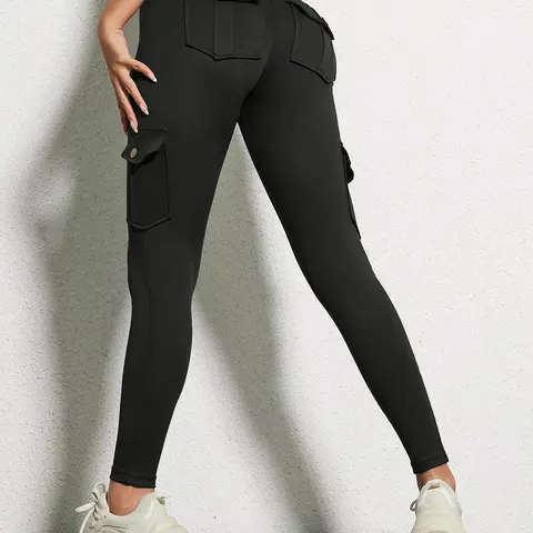 Women's Plain Button Flap Pocket Elasticity High Waist Leggings Comfy Breathable Skinny Cargo Pants for Daily Wear, Ladies Bottoms for All Seasons, Solid Pocket Leggings