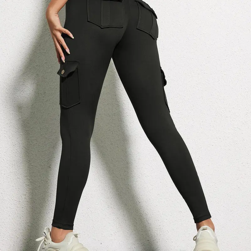 Women's Plain Button Flap Pocket Elasticity High Waist Leggings Comfy Breathable Skinny Cargo Pants for Daily Wear, Ladies Bottoms for All Seasons, Solid Pocket Leggings