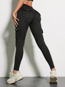 women's plain button flap pocket leggings, casual comfy breathable minimalist skinny cargo pants for daily wear, womenswear, athleisure fitness leggings, tight leggings, lady yoga workout pants, bottom, sporty leggings