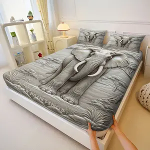 3Pcs 3D Elephant Relief Fitted Sheet Set, Textured Gray Bedding with Sculptural Design, Featuring Acacia Trees and Savanna Landscape, Stylish & Comfortable for Nature Lovers,Lncludes 1 Fitted Sheet, With 2 Coreless Pillowcases