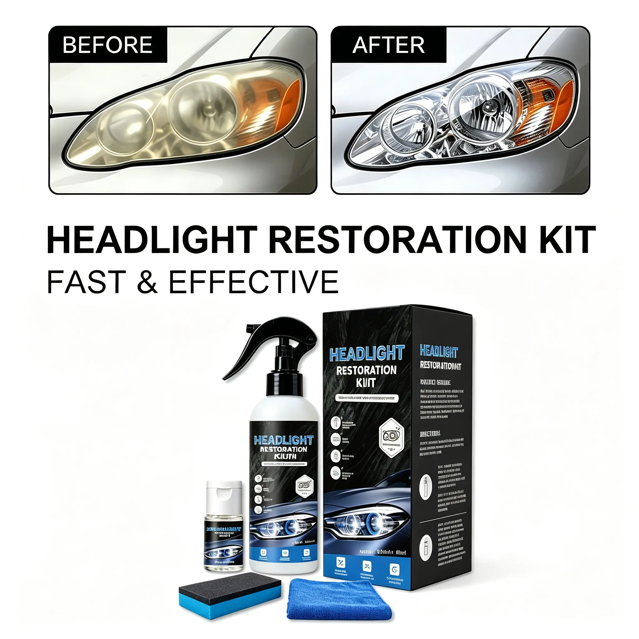 Automotive Headlight Restoration Kit, Headlamp Cleaner Fluid Repair Tool for Yellow Oxidized Blurred Car Truck Motorcycle RV Lights, Crystal Coating Refurbish Agent Prevent Re-Oxidation Restore Clear Plastic - 180ml