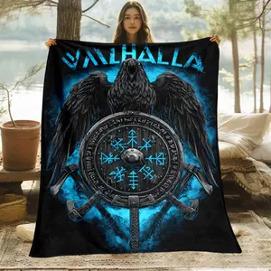 1 Viking Norse Raven Valhalla Blanket - Dark Blue and Black Viking Rune Design - Lightweight Flannel Throw for Sofa, Bed, and Travel - Norse Mythology Decor - Soft and Warm All-Season Bedspread - Perfect Gift for History Enthusiasts and Fans